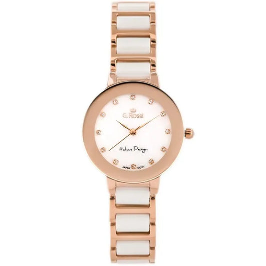 G. Rossi női karóra, rozéarany tok 37 mm, fehér/rozéarany fémszíj, quartz