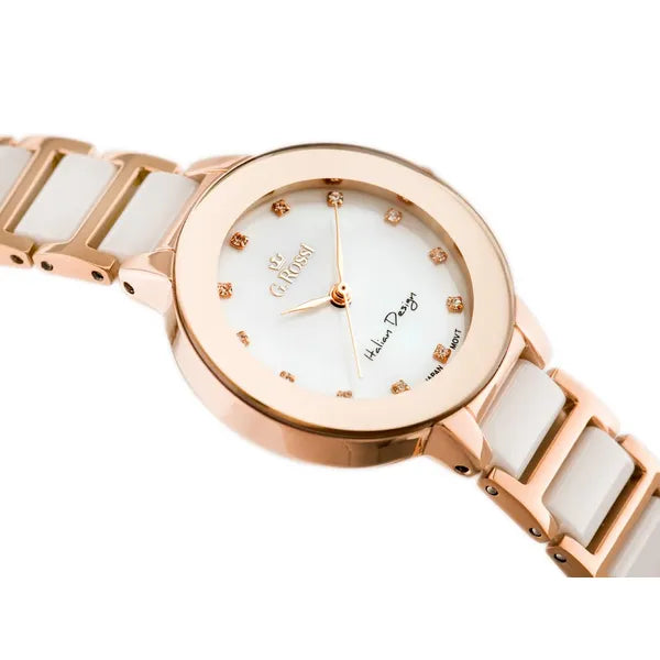 G. Rossi női karóra, rozéarany tok 37 mm, fehér/rozéarany fémszíj, quartz