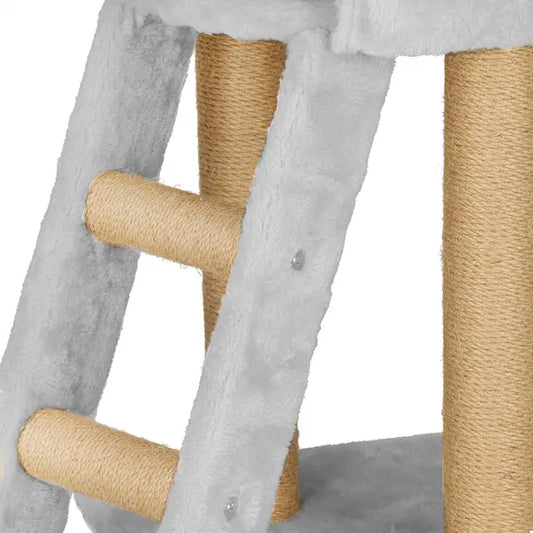 Hétszintes, 136 cm-es szürke macskabútor kaparófával és játékkal