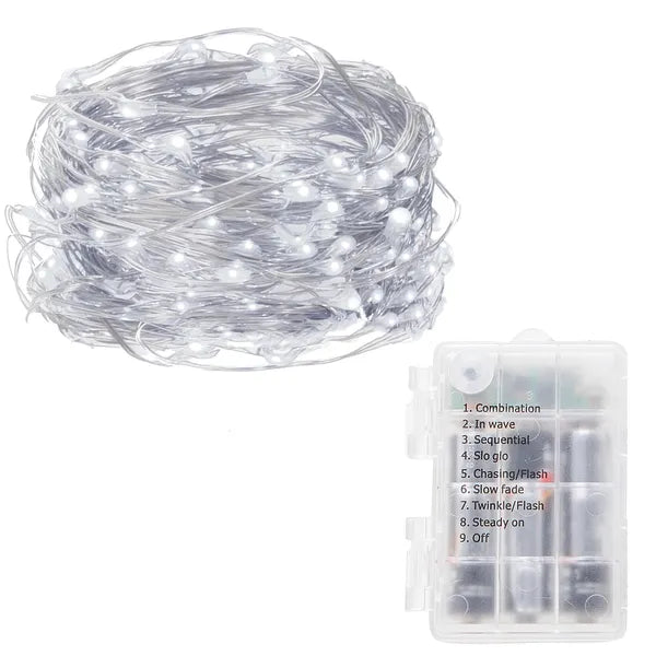 Mikro LED fényfüzér hideg fehér 100 LED, 9,9 m, elemes, IP44