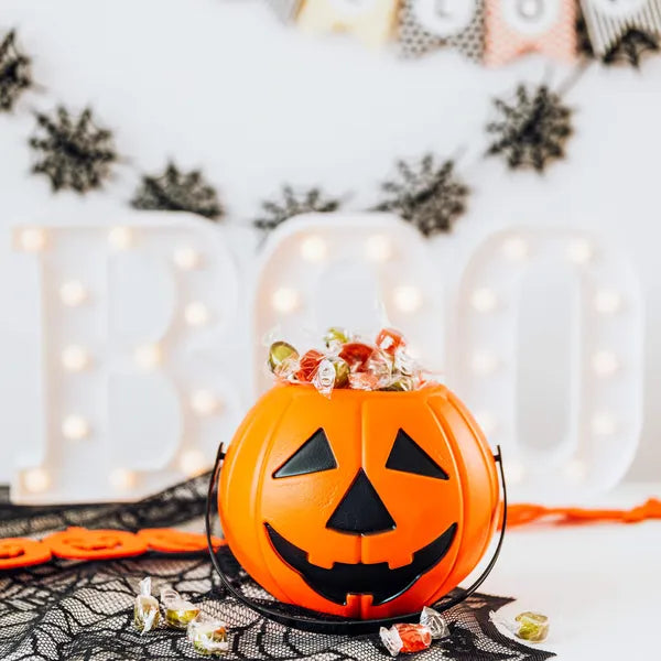 Halloween tök dekoráció, műanyag vödör fogantyús, 17 cm