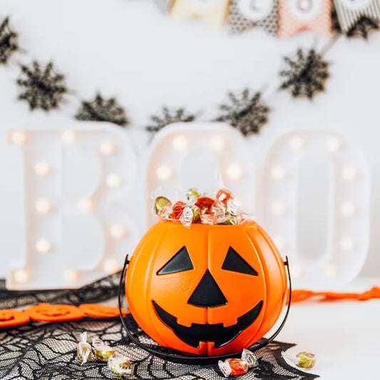 Halloween tök dekoráció, műanyag vödör fogantyús, 17 cm