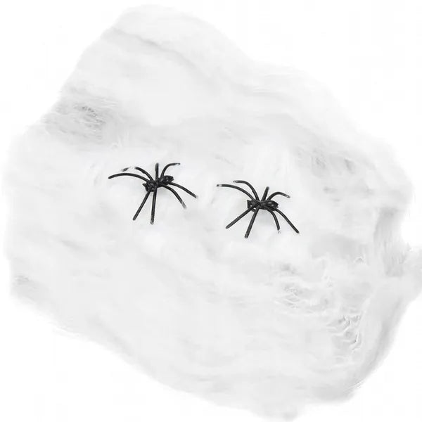 Halloween pókháló dekoráció 60 g, fehér poliészter, 2 pókkal