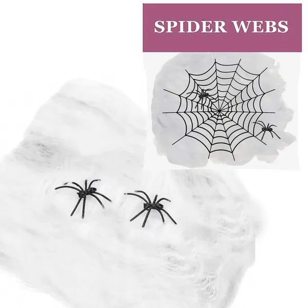Halloween pókháló dekoráció 60 g, fehér poliészter, 2 pókkal
