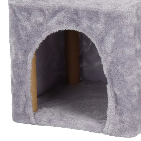 Háromszintes macskabútor kaparófával, házikóval, 62 cm, bézs/szürke