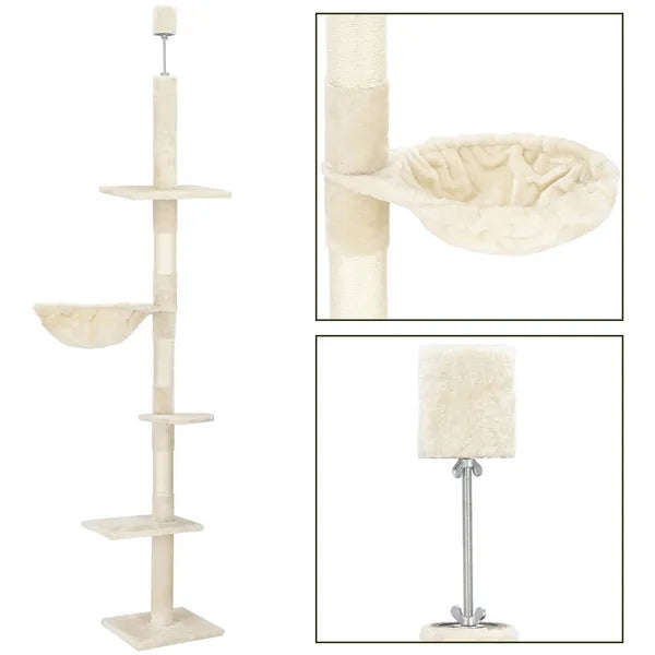 Beige, 5 szintes állítható macskafa plafonig, 240–265 cm