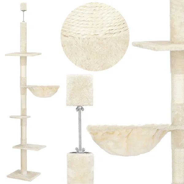 Beige, 5 szintes állítható macskafa plafonig, 240–265 cm