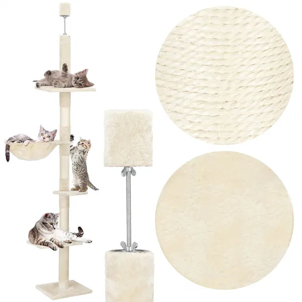 Beige, 5 szintes állítható macskafa plafonig, 240–265 cm