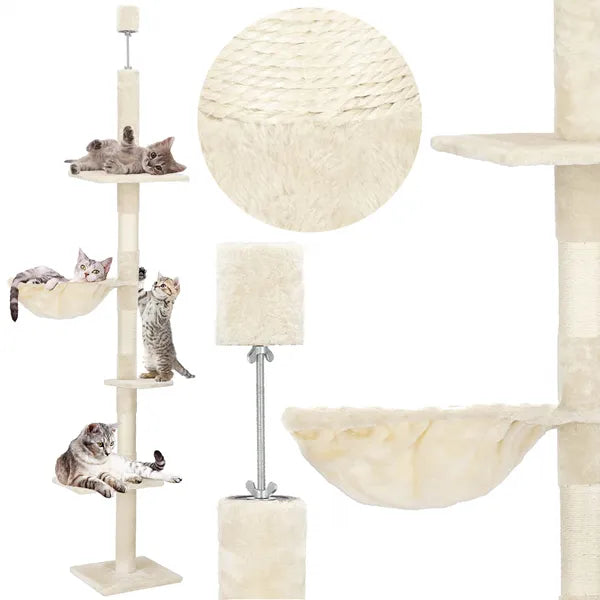 Beige, 5 szintes állítható macskafa plafonig, 240–265 cm
