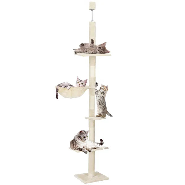 Beige, 5 szintes állítható macskafa plafonig, 240–265 cm