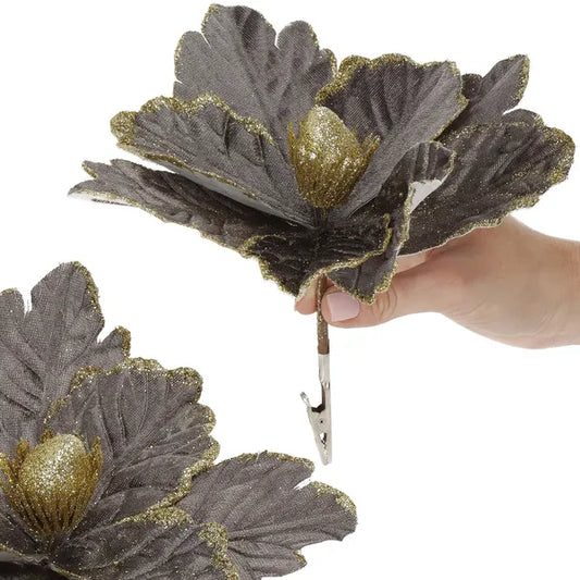 Karácsonyi mikulásvirág dekoráció, 20 cm, szürke-arany glitter