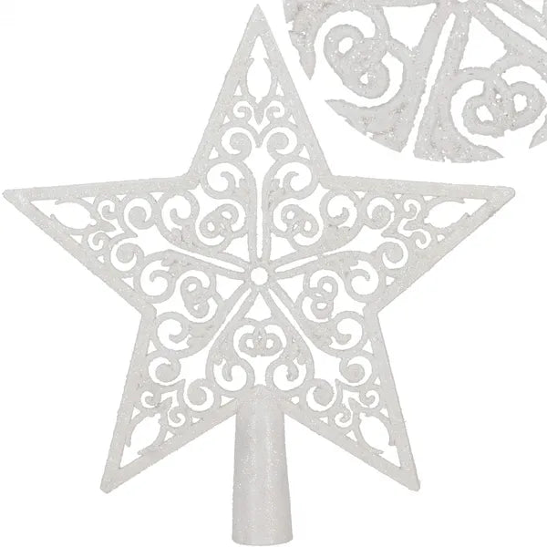 Karácsonyi csillagfa-dísz, fehér csillámos, 20,5×21,5 cm menetes talp