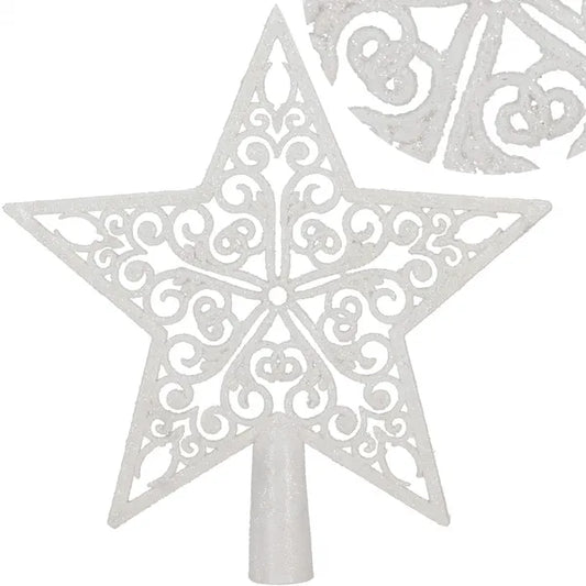 Karácsonyi csillagfa-dísz, fehér csillámos, 20,5×21,5 cm menetes talp