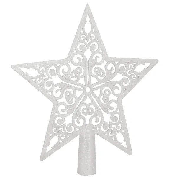 Karácsonyi csillagfa-dísz, fehér csillámos, 20,5×21,5 cm menetes talp