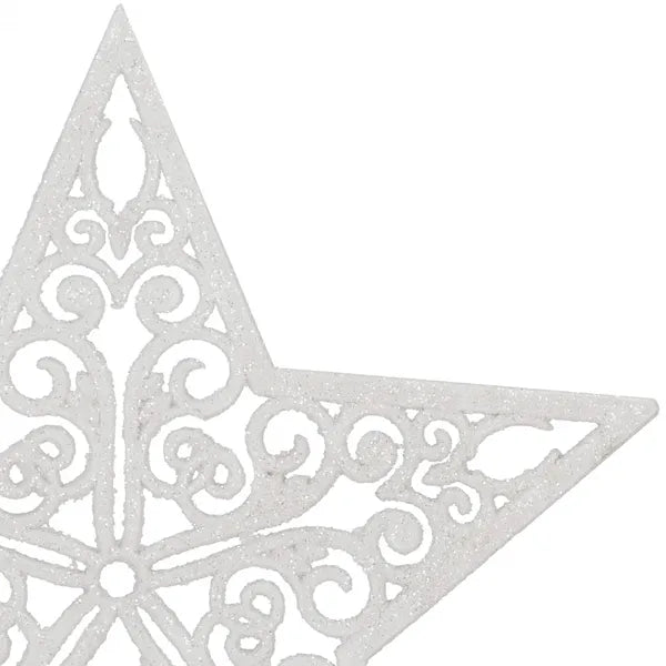 Karácsonyi csillagfa-dísz, fehér csillámos, 20,5×21,5 cm menetes talp
