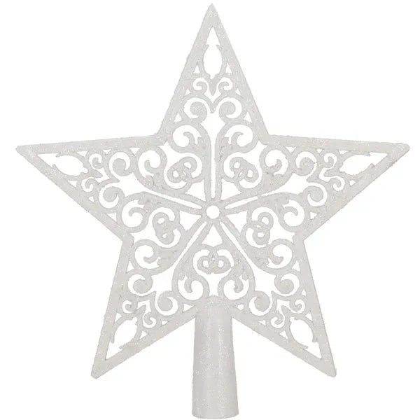 Karácsonyi csillagfa-dísz, fehér csillámos, 20,5×21,5 cm menetes talp