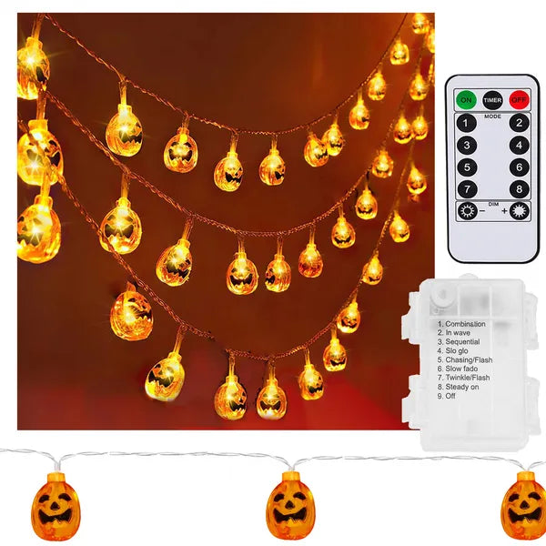 Halloween tökös LED fényfüzér 20 LED, 3,2 m, IP44, távirányító