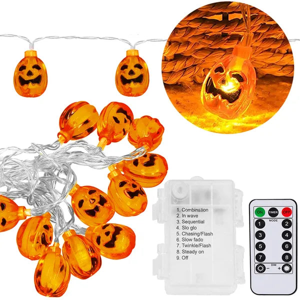 Halloween tökös LED fényfüzér 20 LED, 3,2 m, IP44, távirányító