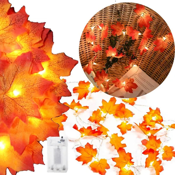 Őszi levelekkel díszített 20 LED-es fényfüzér, 3 m, elemes, meleg fehér