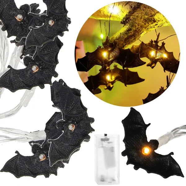 Denevéres Halloween fényfüzér 10 LED, meleg fehér, elemes 174 cm