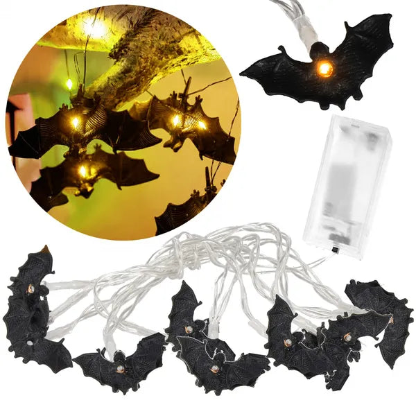 Denevéres Halloween fényfüzér 10 LED, meleg fehér, elemes 174 cm