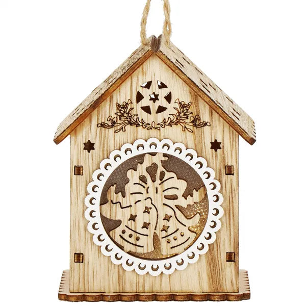 Fa karácsonyi LED házikó dísz, meleg fehér fény, 9×6,5 cm