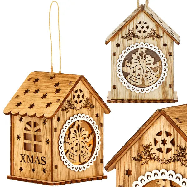 Fa karácsonyi LED házikó dísz, meleg fehér fény, 9×6,5 cm