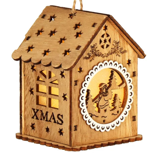 Fa karácsonyi függődísz meleg fehér LED-del, 9×6 cm, elemes