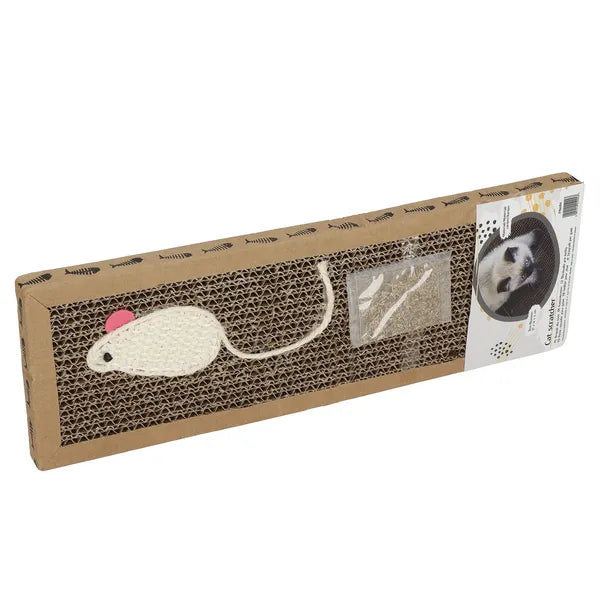 Karton macskakaparó tábla 36,5×12×2 cm macskamentával és fehér egérrel, barna