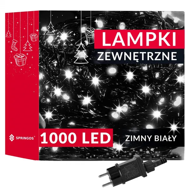 Karácsonyi fényfüzér 1000 LED, 50 m, hideg fehér, IP44, 8 program