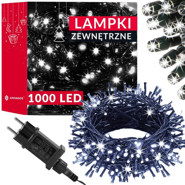 Karácsonyi fényfüzér 1000 LED, 50 m, hideg fehér, IP44, 8 program