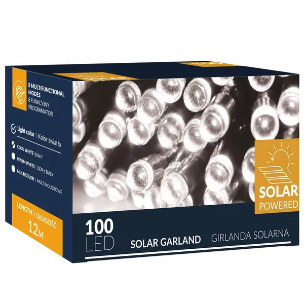Springos napelemes LED fényfüzér, 100 hideg fehér LED, 12 m, IP44