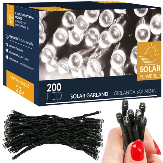Napelemes 200 LED-es fényfüzér, 22 m, hideg fehér, IP44, 8 mód
