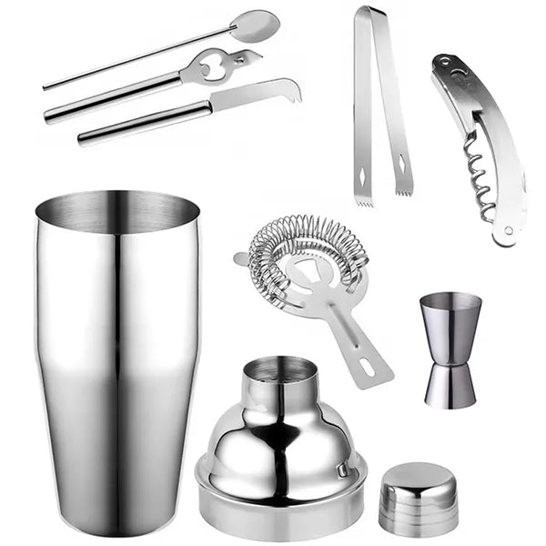 9 részes koktélkészlet bambusz állvánnyal, rozsdamentes acél, shaker 750 ml