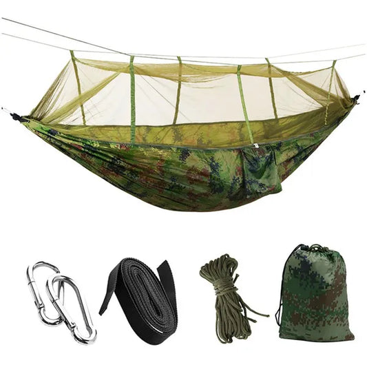 Nylon túrafüggőágy moszkitóhálóval, 260×140 cm, 200 kg teherbírás