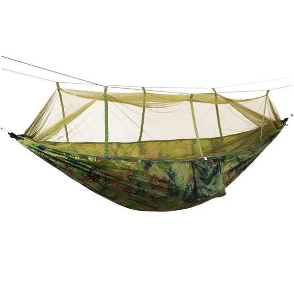 Nylon túrafüggőágy moszkitóhálóval, 260×140 cm, 200 kg teherbírás