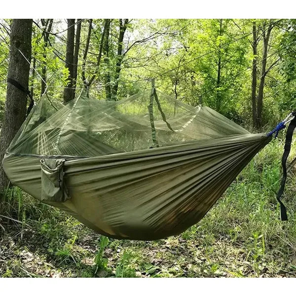 Nylon túrafüggőágy moszkitóhálóval, 260×140 cm, 200 kg teherbírás