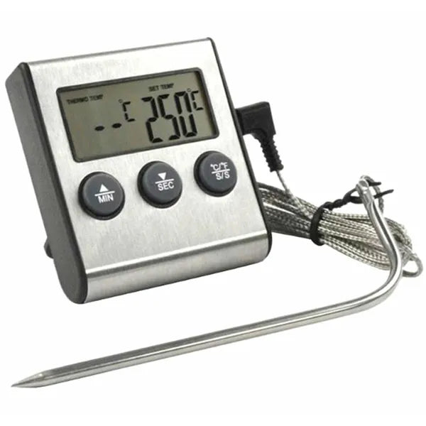 Digitális LCD élelmiszer-hőmérő szondával 0–250 °C, 100 cm kábel, timer