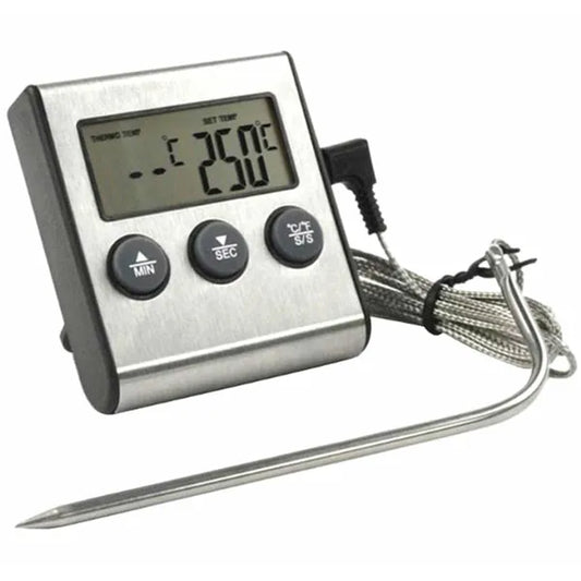 Digitális LCD élelmiszer-hőmérő szondával 0–250 °C, 100 cm kábel, timer