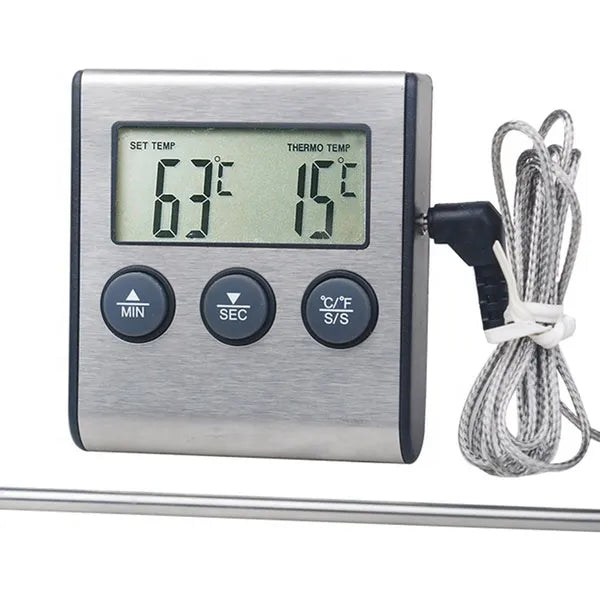 Digitális LCD élelmiszer-hőmérő szondával 0–250 °C, 100 cm kábel, timer