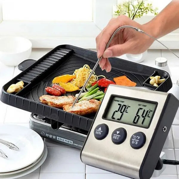 Digitális LCD élelmiszer-hőmérő szondával 0–250 °C, 100 cm kábel, timer