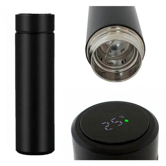 Fekete 500 ml okoskijelzős rozsdamentes acél termoszbögre LCD hőmérővel