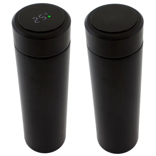 Fekete 500 ml okoskijelzős rozsdamentes acél termoszbögre LCD hőmérővel