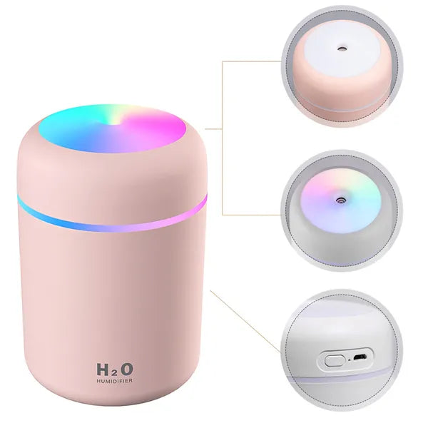 Ultrahangos USB párásító LED világítással, 300 ml, rózsaszín