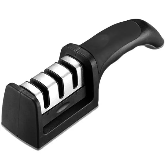 Háromfokozatú kézi késélező, V-profil, ABS ház, fekete, 22 cm