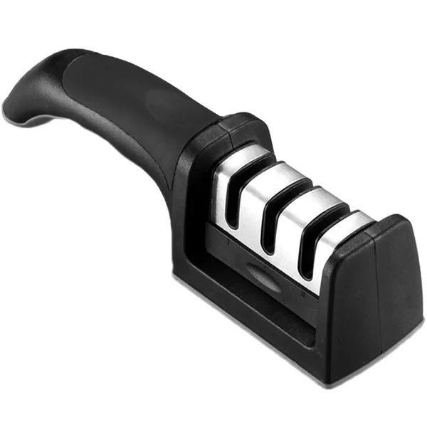 Háromfokozatú kézi késélező, V-profil, ABS ház, fekete, 22 cm