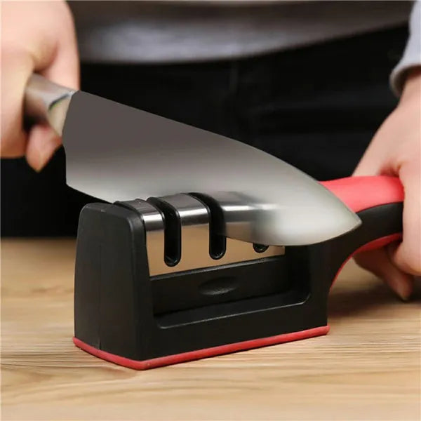 Háromfokozatú kézi késélező, V-profil, ABS ház, fekete, 22 cm