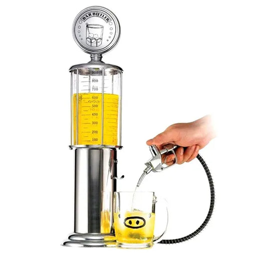 Benzinkút formájú italadagoló, pumpás pisztollyal, 950 ml, króm