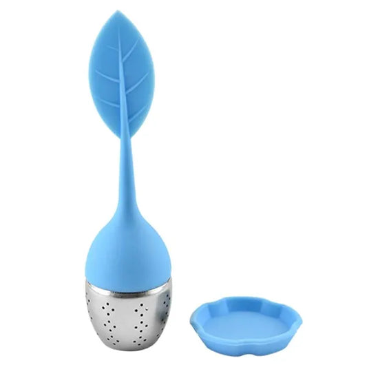 Kék szilikon-rozsdamentes acél teafilter, levél alakú, 14 cm