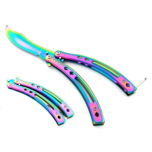 Butterfly edző balisong tréningkés, tompa pengével, szivárvány, 22,5 cm